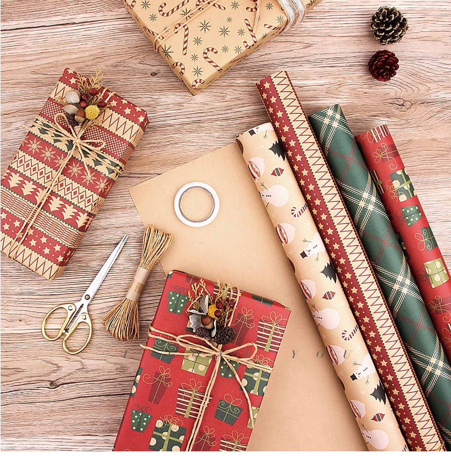 Christmas Wrapping Paper, 6 Diy Vintage Style Kraft Christmas Wrapping  Paper - 6 Rolls - 30 inches x 20 Feet Each(mixed)